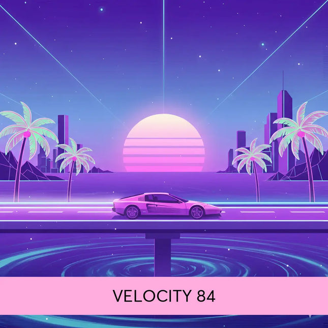 A sleek pink sports car drives along a neon-lit highway under a sunset for velocity 84 synthwave gymnastics floor music
