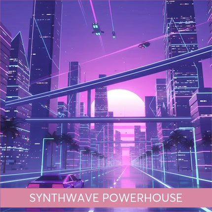 Synthwave powerhouse gymnastics floor music: neon-pink retro car on glowing street