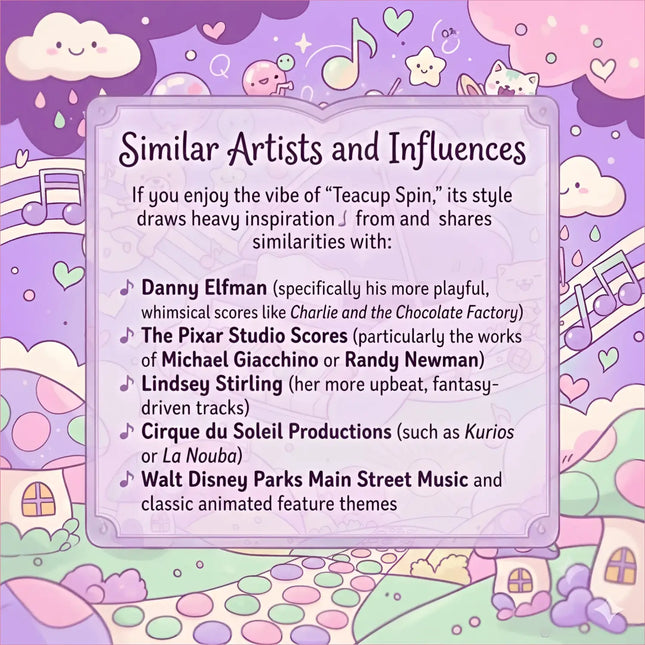 A pastel purple illustrated cutesy teacup spin informational card with clouds musical notes and cute animals for gymnastics floor music