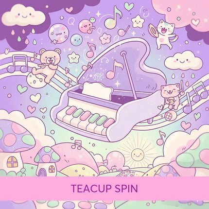 A whimsical purple grand piano with pastel keys and flowing lid for teacup spin gymnastics floor music set against a dreamy sky