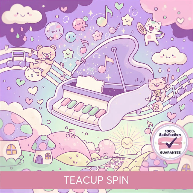 A whimsical purple grand piano with pastel keys and flowing lid for teacup spin gymnastics floor music set against a dreamy sky