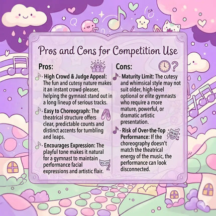 A whimsical pastel purple infographic with cute cartoons showing pros and cons for teacup spin gymnastics floor music use