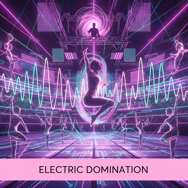 A glowing neon purple and cyan techno edm gymnastics floor with circuit board patterns for electric domination