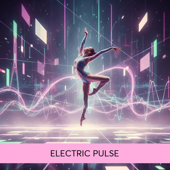 A glowing neon pink and blue techno edm music leotard with a sleek, form fitting design for gymnastics use