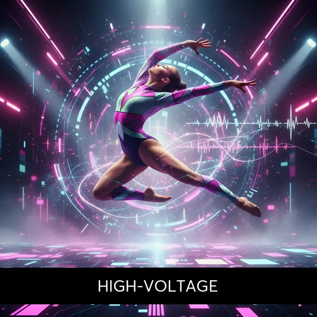 A futuristic gymnast in vibrant pink purple and teal leotard performs mid-air to techno edm gymnastics floor music