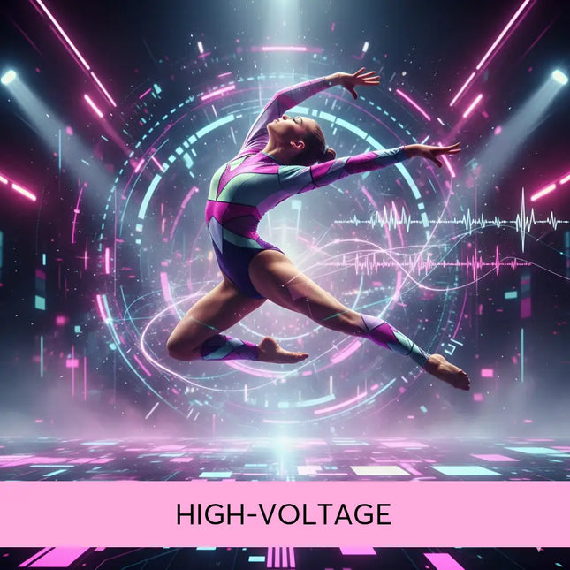A futuristic gymnast in vibrant pink purple and teal leotard performs mid-air to techno edm gymnastics floor music