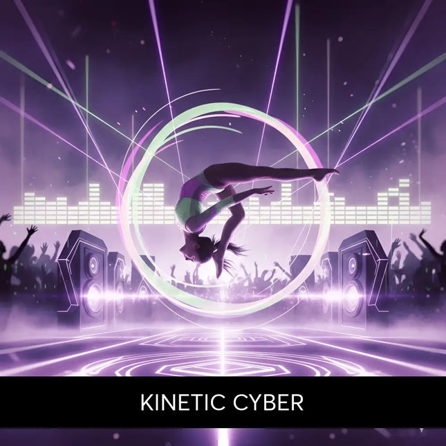 A glowing purple and white circular light effect surrounds a gymnast mid-air in a techno edm gymnastics floor music show