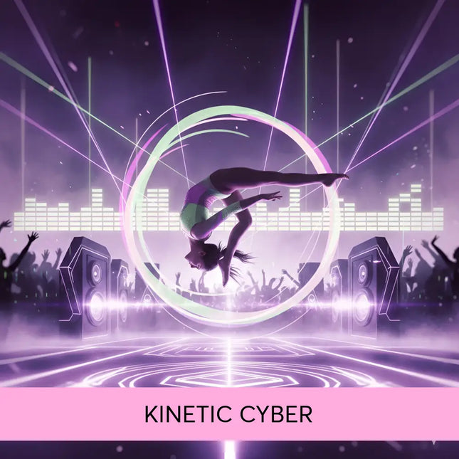 A glowing purple and white circular light effect surrounds a gymnast mid-air in a techno edm gymnastics floor music show