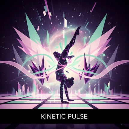 A stylized silhouette doing a handstand on a gymnastics floor with neon techno edm vibes in pink and purple hues