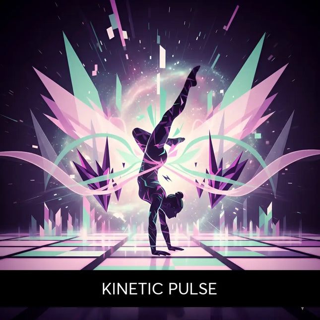 A stylized silhouette doing a handstand on a gymnastics floor with neon techno edm vibes in pink and purple hues