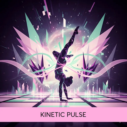 A stylized silhouette doing a handstand on a gymnastics floor with neon techno edm vibes in pink and purple hues