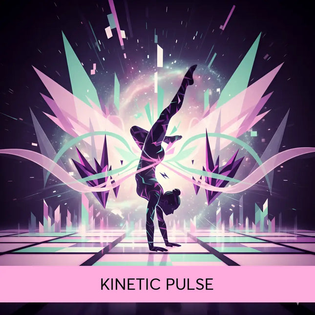 A stylized silhouette doing a handstand on a gymnastics floor with neon techno edm vibes in pink and purple hues