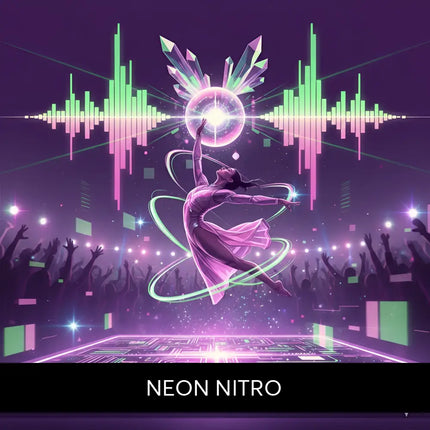 A glowing pink and purple futuristic disco ball with crystalline facets above a dancer on a techno gymnastics floor music setup