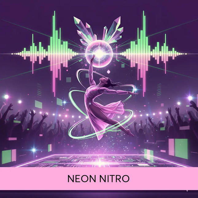 A glowing pink and purple futuristic disco ball with crystalline facets above a dancer on a techno gymnastics floor music setup