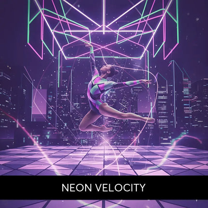 A gymnast in a vibrant geometric leotard performs mid-air amid neon-lit techno edm music cityscape background