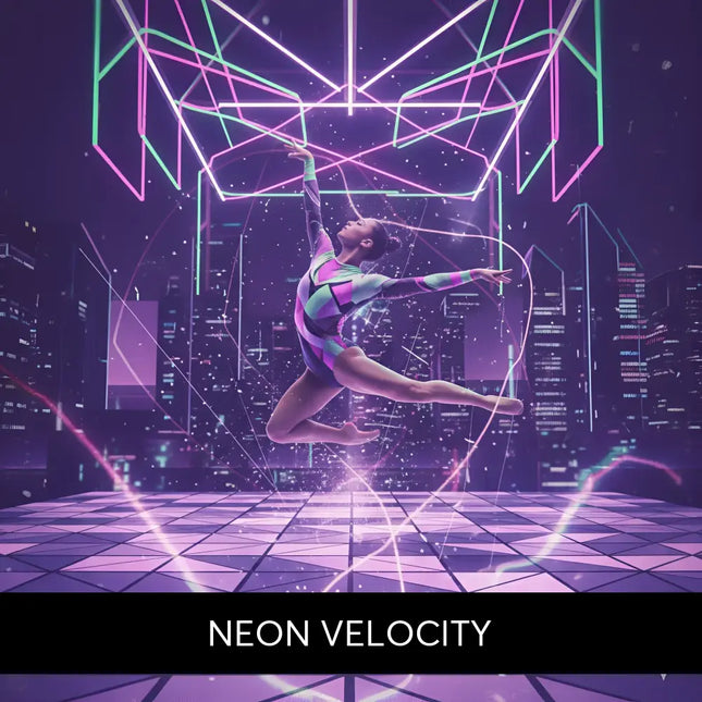 A gymnast in a vibrant geometric leotard performs mid-air amid neon-lit techno edm music cityscape background