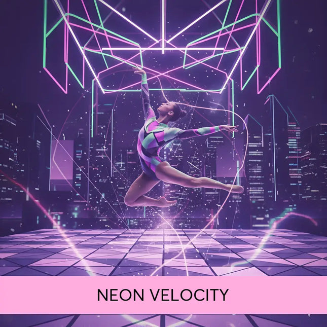 A gymnast in a vibrant geometric leotard performs mid-air amid neon-lit techno edm music cityscape background