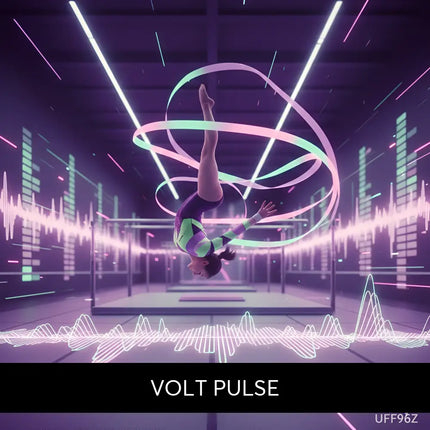 A gymnast in a neon suit performs an aerial flip with glowing ribbons on an edm gymnastics floor music backdrop
