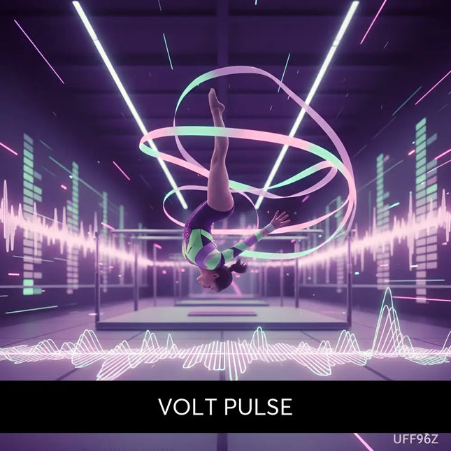 A gymnast in a neon suit performs an aerial flip with glowing ribbons on an edm gymnastics floor music backdrop