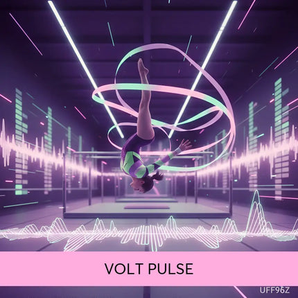 A gymnast in a neon suit performs an aerial flip with glowing ribbons on an edm gymnastics floor music backdrop