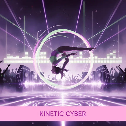 A glowing purple and white circular light effect surrounds a gymnast mid-air in a techno edm gymnastics floor music show