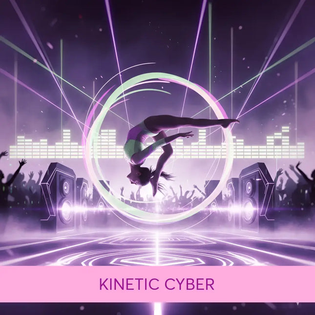 A glowing purple and white circular light effect surrounds a gymnast mid-air in a techno edm gymnastics floor music show