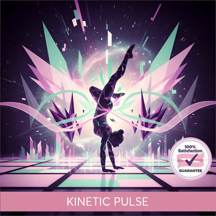 A stylized silhouette doing a handstand on a gymnastics floor with neon techno edm vibes in pink and purple hues