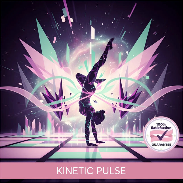 A stylized silhouette doing a handstand on a gymnastics floor with neon techno edm vibes in pink and purple hues
