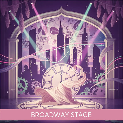 A pale pink flowing fabric drapes over a large roman numeral clock face on the broadway musical gymnastics floor track