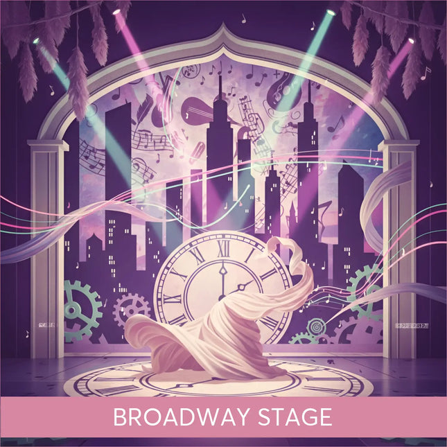 A pale pink flowing fabric drapes over a large roman numeral clock face on the broadway musical gymnastics floor track