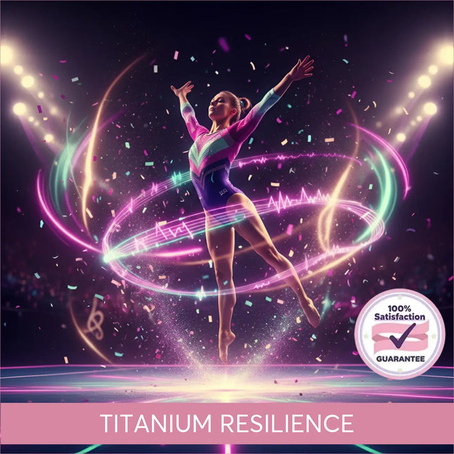 A neon-lit gymnast in a pink purple leotard performs mid-air with glowing rings background for gymnastics floor music
