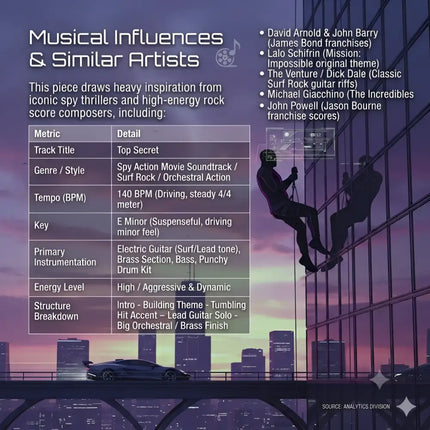 A sleek black sports car on a modern bridge sets the vibe for top secret action movie gymnastics floor music soundtrack