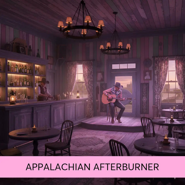 A rustic dark wooden bar with built-in liquor shelves under warm light for appalachian afterburner country gymnastics floor music
