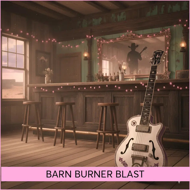 A white electric guitar with purple floral inlays and black pickguard leaning at the bar for gymnastics floor music