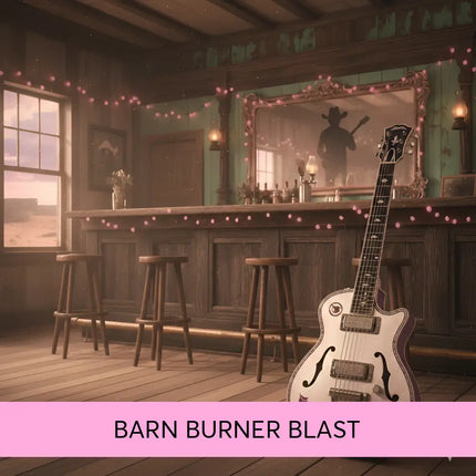 A white electric guitar with purple floral inlays and black pickguard leaning at the bar for gymnastics floor music