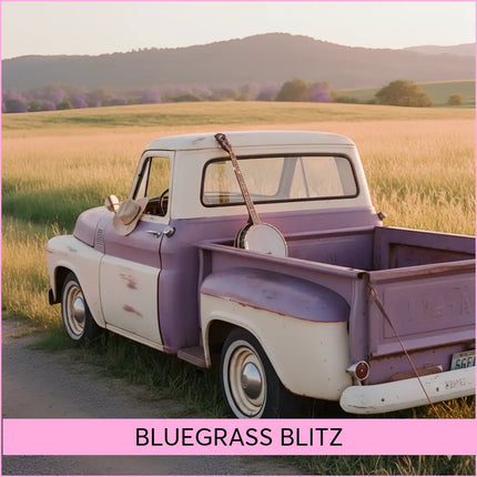 A vintage two-tone purple and cream pickup truck with a banjo in the bed perfect for country music on gymnastics floor