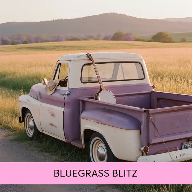 A vintage two-tone purple and cream pickup truck with a banjo in the bed perfect for country music on gymnastics floor