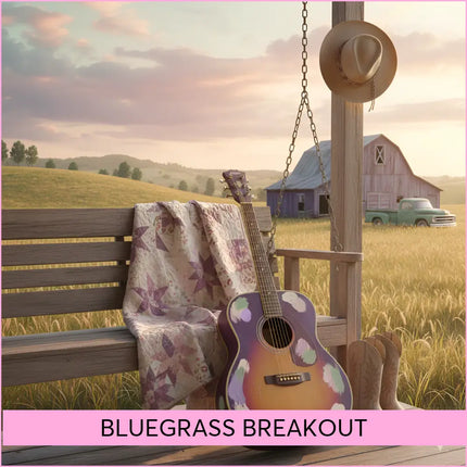 A hand-painted acoustic guitar with purple orange brown gradient and white clouds for bluegrass country gymnastics floor music