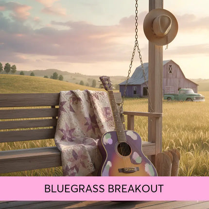 A hand-painted acoustic guitar with purple orange brown gradient and white clouds for bluegrass country gymnastics floor music