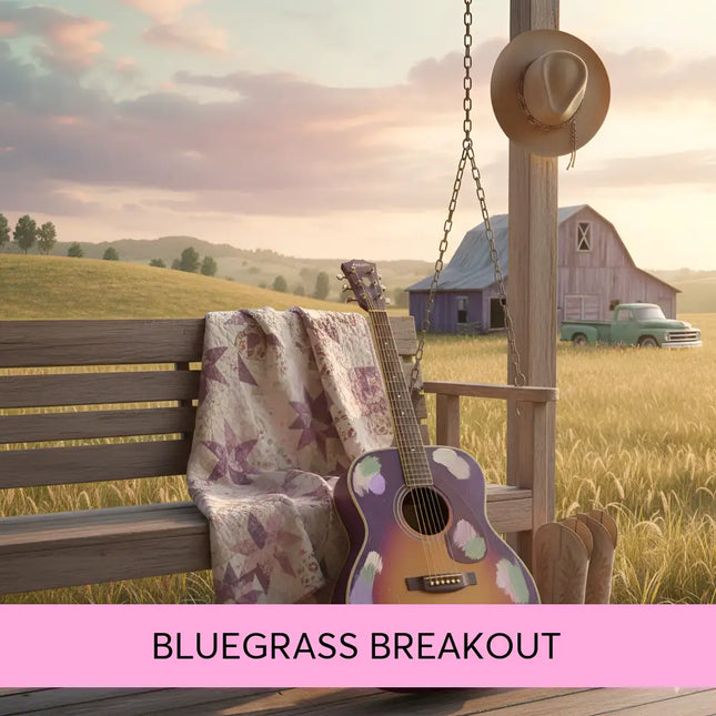 A hand-painted acoustic guitar with purple orange brown gradient and white clouds for bluegrass country gymnastics floor music