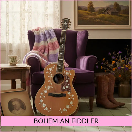 A beautifully crafted acoustic guitar with floral inlays perfect for country gymnastics floor music or country music routines