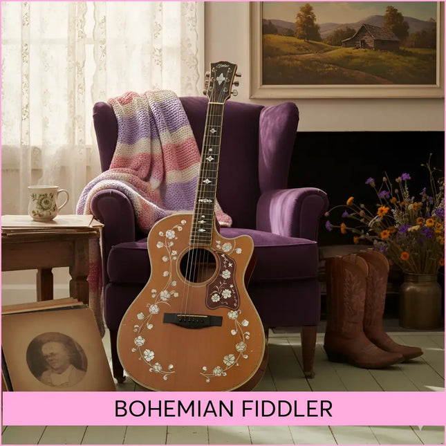 A beautifully crafted acoustic guitar with floral inlays perfect for country gymnastics floor music or country music routines
