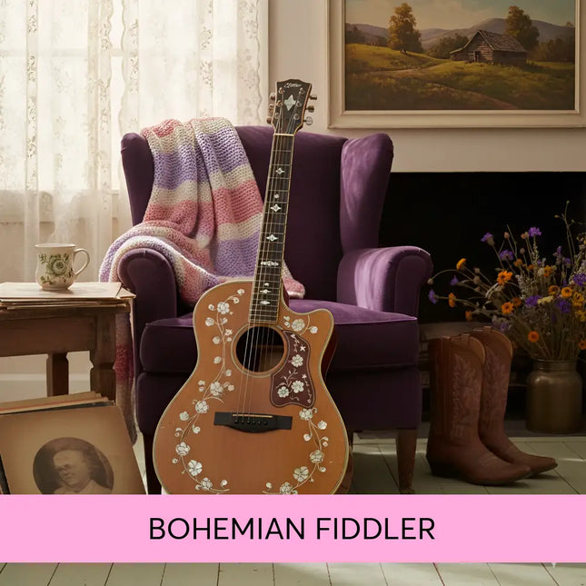 A beautifully crafted acoustic guitar with floral inlays perfect for country gymnastics floor music or country music routines