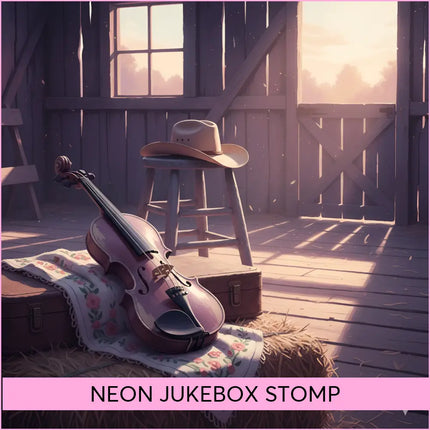 A polished wooden violin on floral cloth and hay bale fits perfectly with neon jukebox stomp country music and gymnastics floor music
