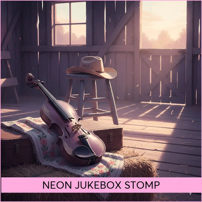 A polished wooden violin on floral cloth and hay bale fits perfectly with neon jukebox stomp country music and gymnastics floor music