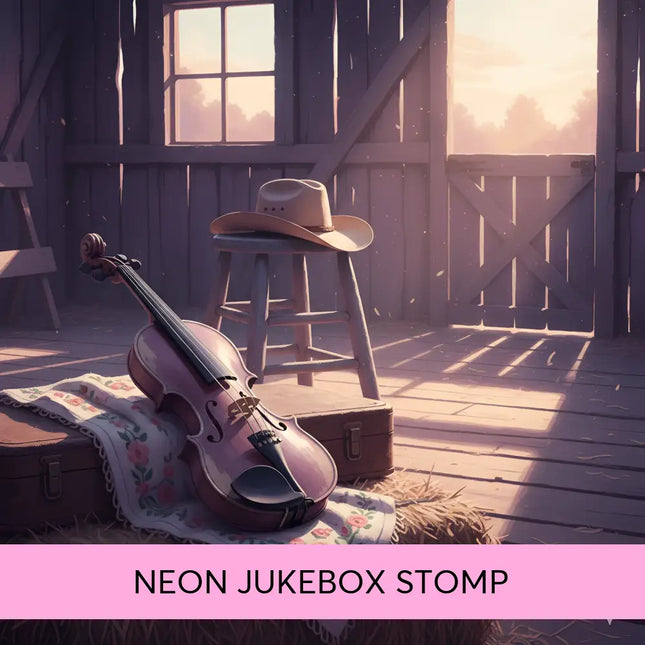 A polished wooden violin on floral cloth and hay bale fits perfectly with neon jukebox stomp country music and gymnastics floor music