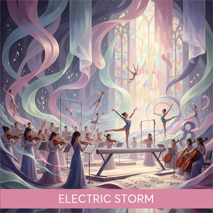 Sleek metallic balance beam for Unleash Electric Storm symphonic gymnastics floor music