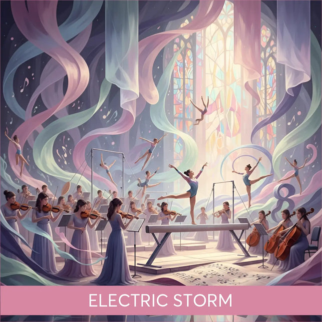 Sleek metallic balance beam for Unleash Electric Storm symphonic gymnastics floor music