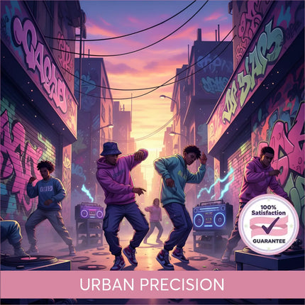 Vibrant graffiti-covered hip-hop gymnastics floor with neon-lit boomboxes and turntables for music lovers