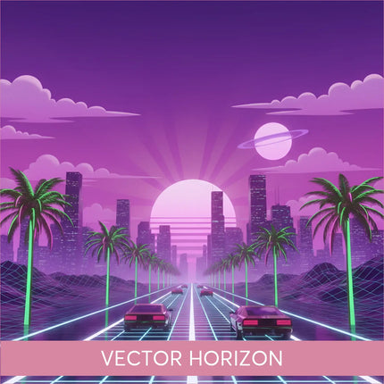 Purple neon synthwave gymnastics floor music cityscape at sunset